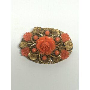 Vintage Brass Filigree Brooch With Coral Celluloid Roses & Floral Accents